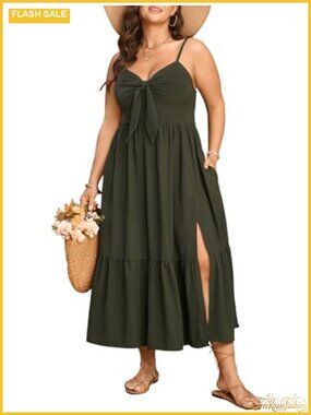 Plus Size Maxi Sun Dress with Pockets, Tie Front Deep V Neck